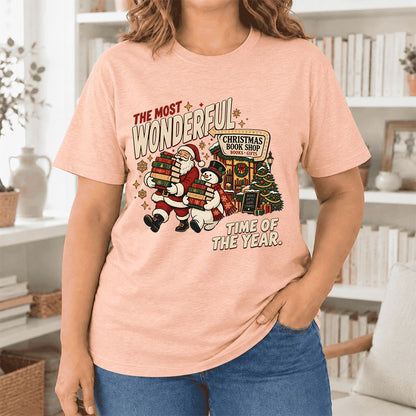 Most Wonderful Time Ultra-Soft Cotton T-Shirt | Christmas  Reader Gift Heather Peach