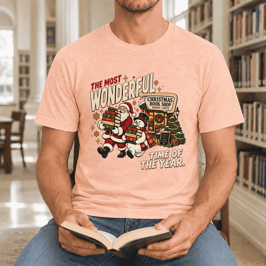 Most Wonderful Time Ultra-Soft Cotton T-Shirt | Christmas  Reader Gift Heather Peach
