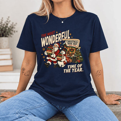 Most Wonderful Time Ultra-Soft Cotton T-Shirt | Christmas  Reader Gift Navy