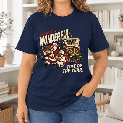 Most Wonderful Time Ultra-Soft Cotton T-Shirt | Christmas  Reader Gift Navy