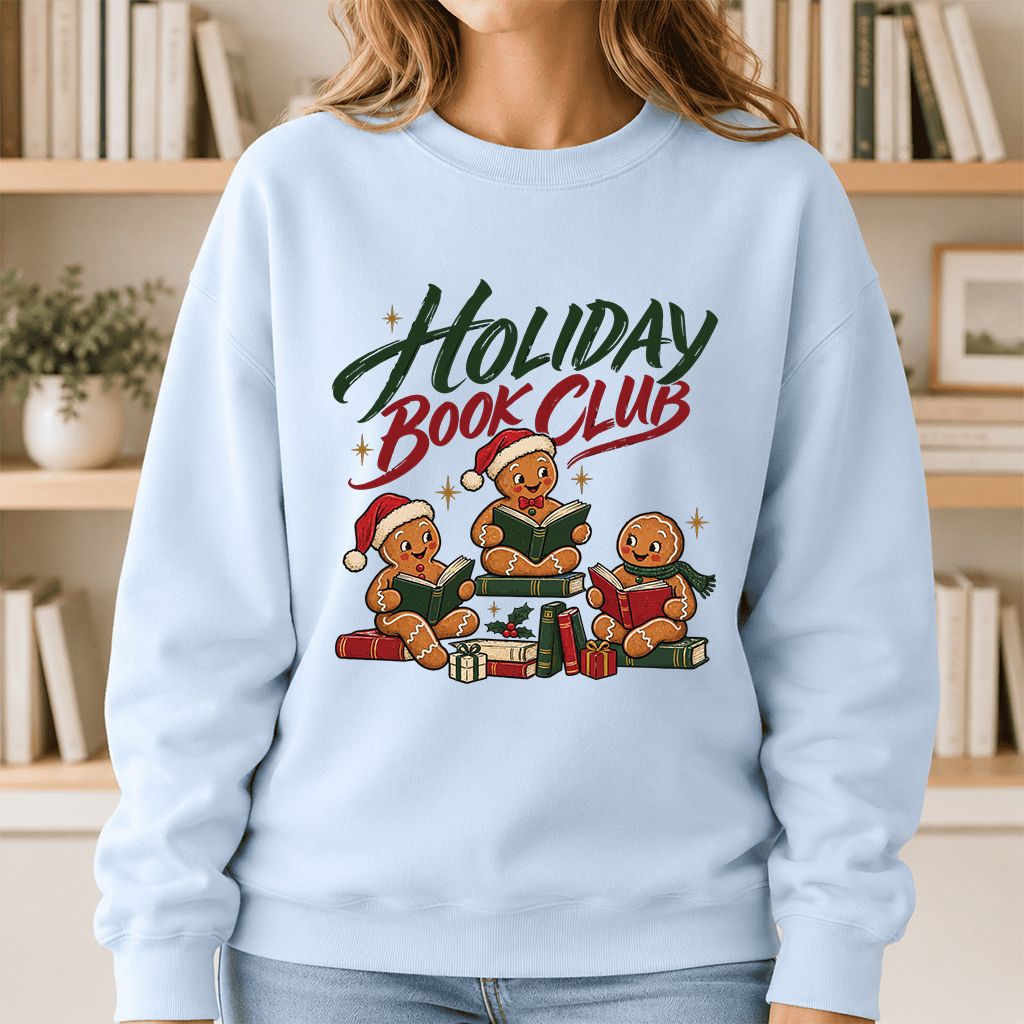 Holiday Book Club Printed Sweatshirt | Christmas Reader Gift Light Blue