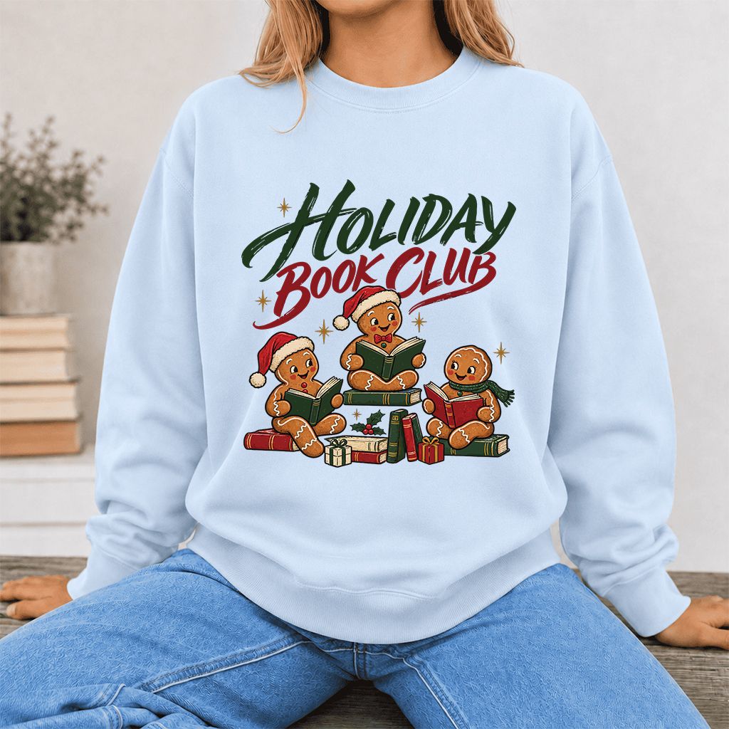 Holiday Book Club Printed Sweatshirt | Christmas Reader Gift Light Blue