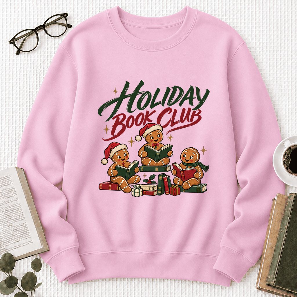 Holiday Book Club Printed Sweatshirt | Christmas Reader Gift Light Pink