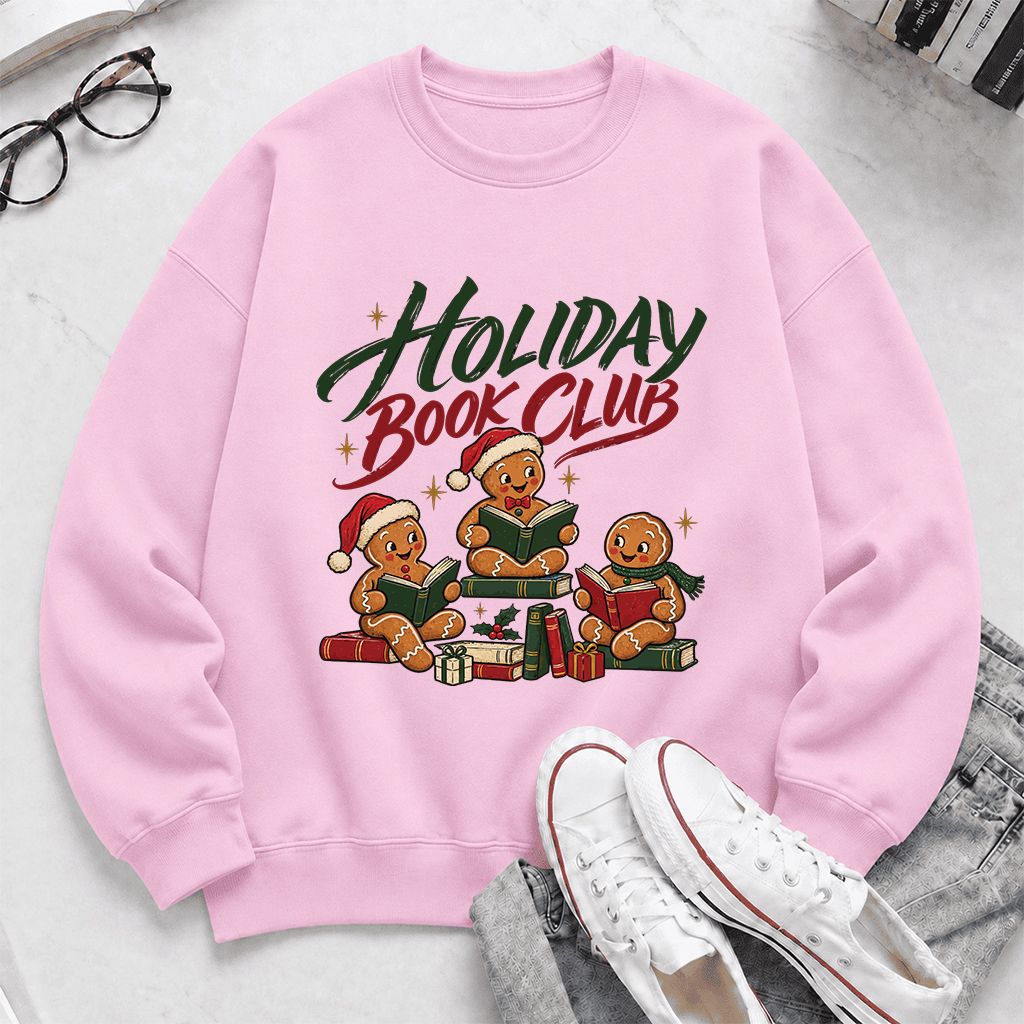 Holiday Book Club Printed Sweatshirt | Christmas Reader Gift Light Pink