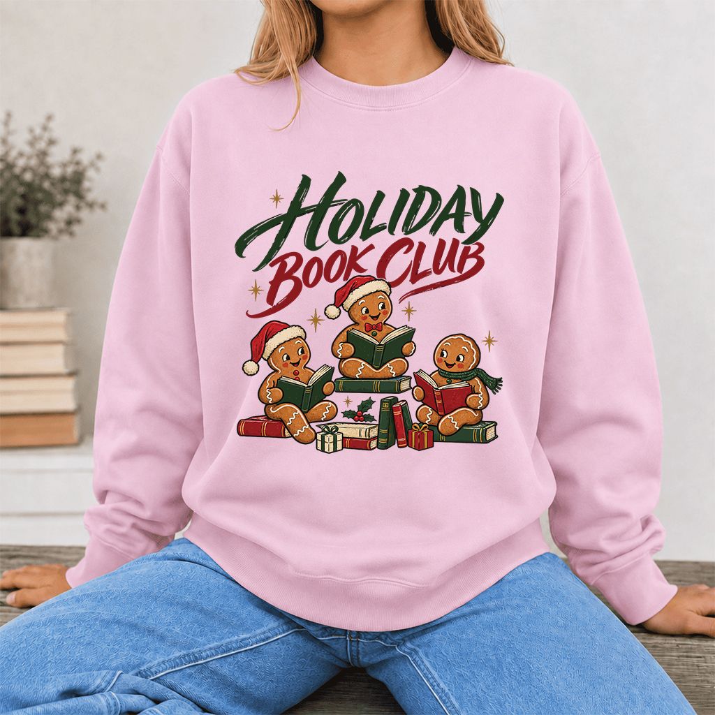 Holiday Book Club Printed Sweatshirt | Christmas Reader Gift Light Pink