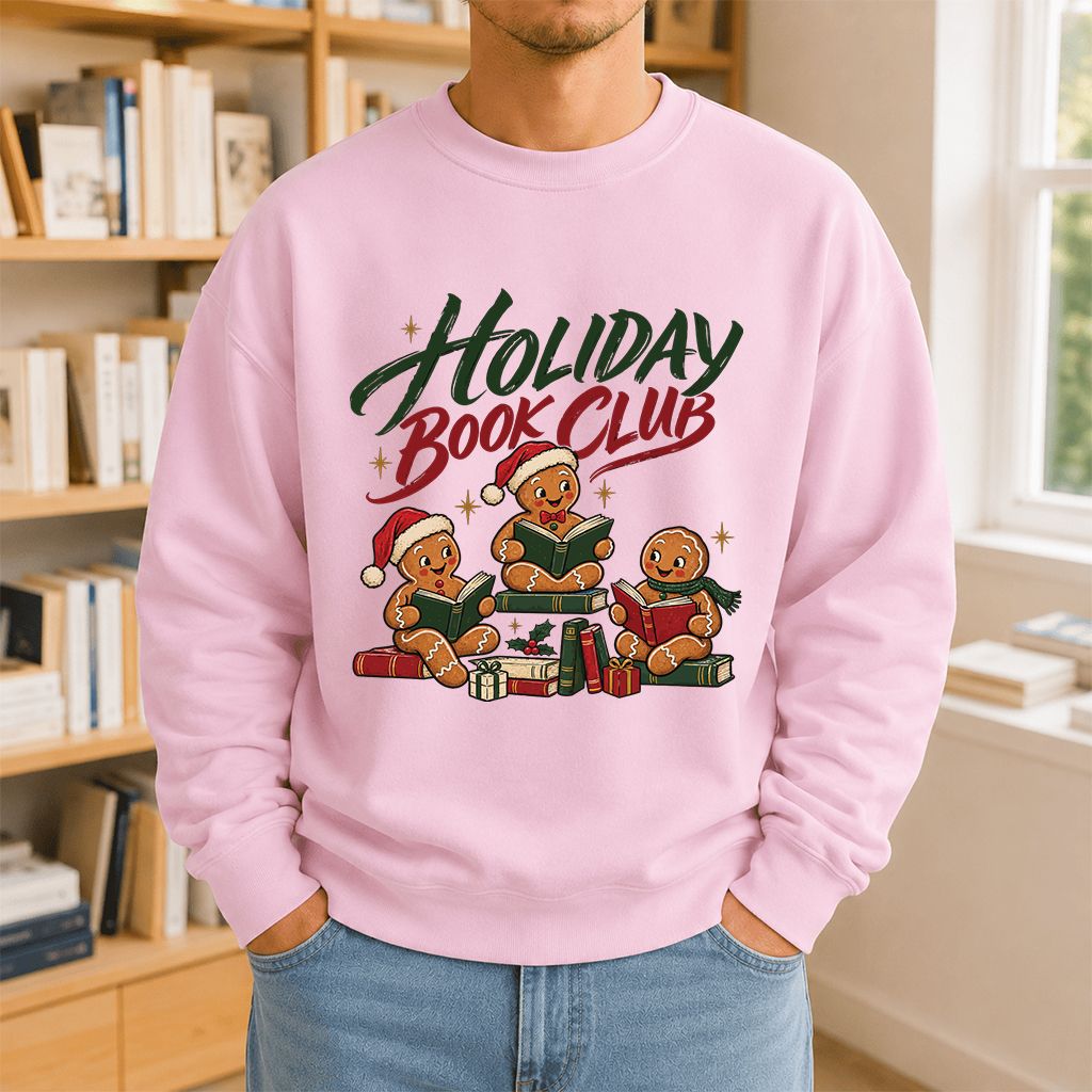 Holiday Book Club Printed Sweatshirt | Christmas Reader Gift Light Pink