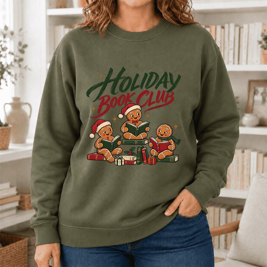 Holiday Book Club Printed Sweatshirt | Christmas Reader Gift Military Green