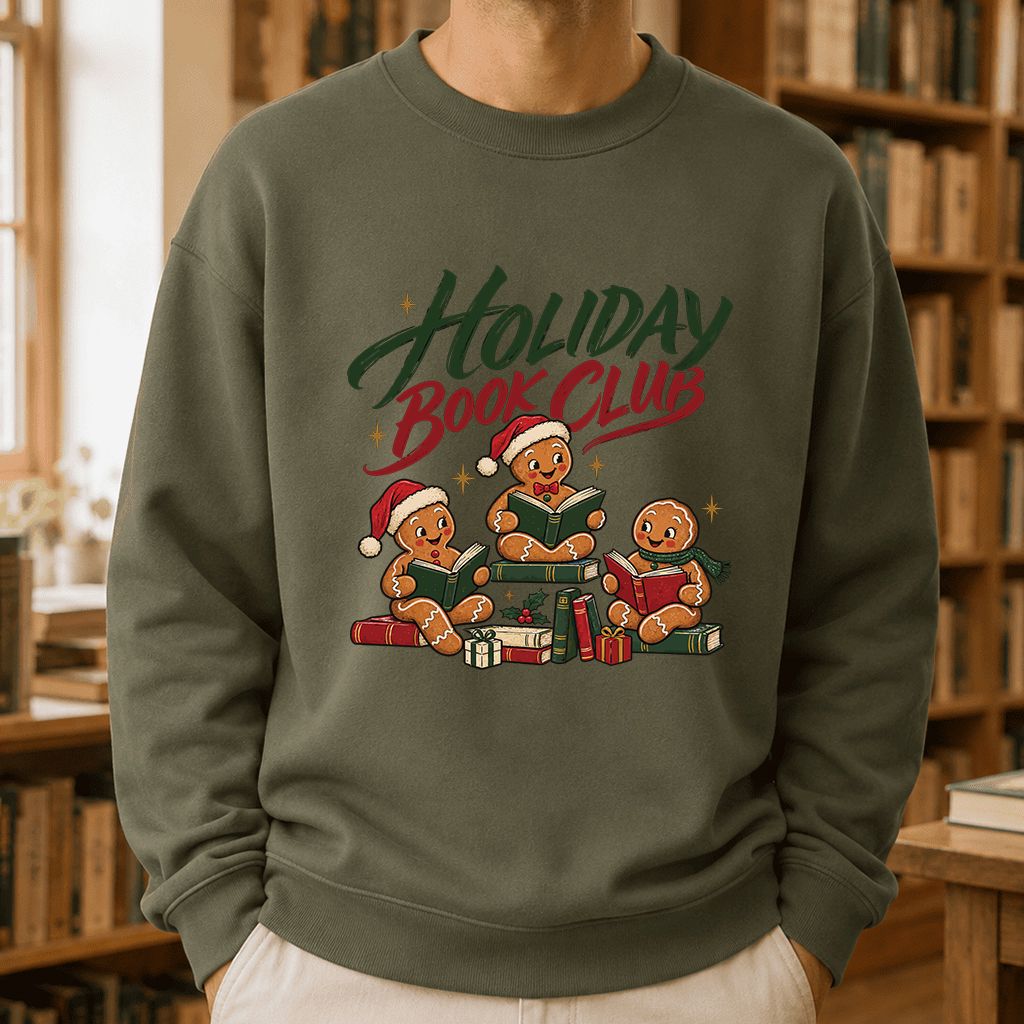 Holiday Book Club Printed Sweatshirt | Christmas Reader Gift Military Green