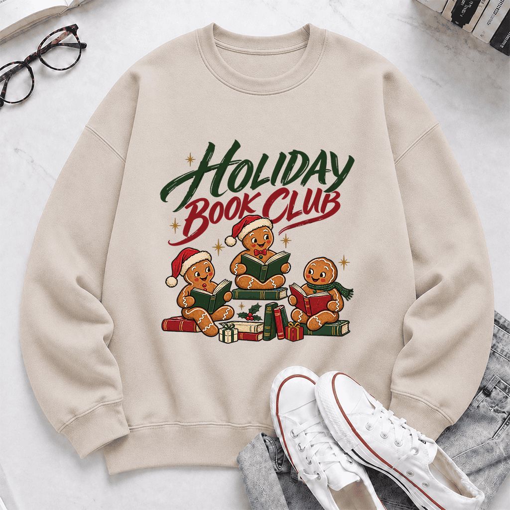 Holiday Book Club Printed Sweatshirt | Christmas Reader Gift Sand