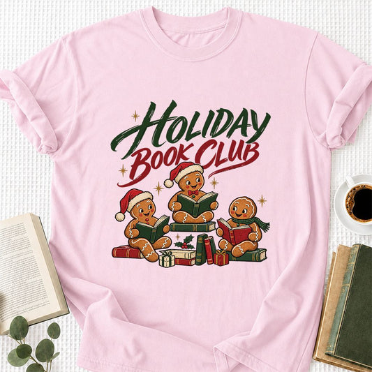 Holiday Book Club Printed T-Shirt | Christmas Reader Gift Light Pink
