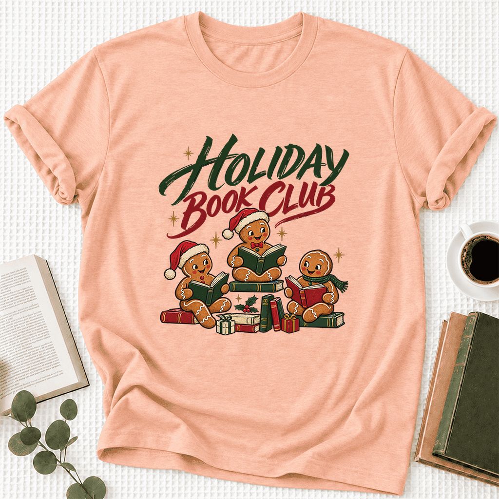 Holiday Book Club Ultra-Soft Cotton T-Shirt | Christmas Reader Gift Heather Peach