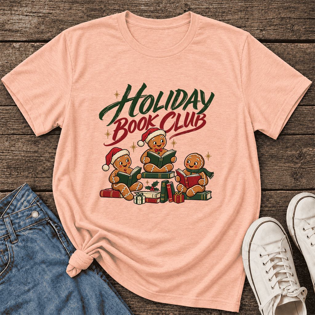 Holiday Book Club Ultra-Soft Cotton T-Shirt | Christmas Reader Gift Heather Peach