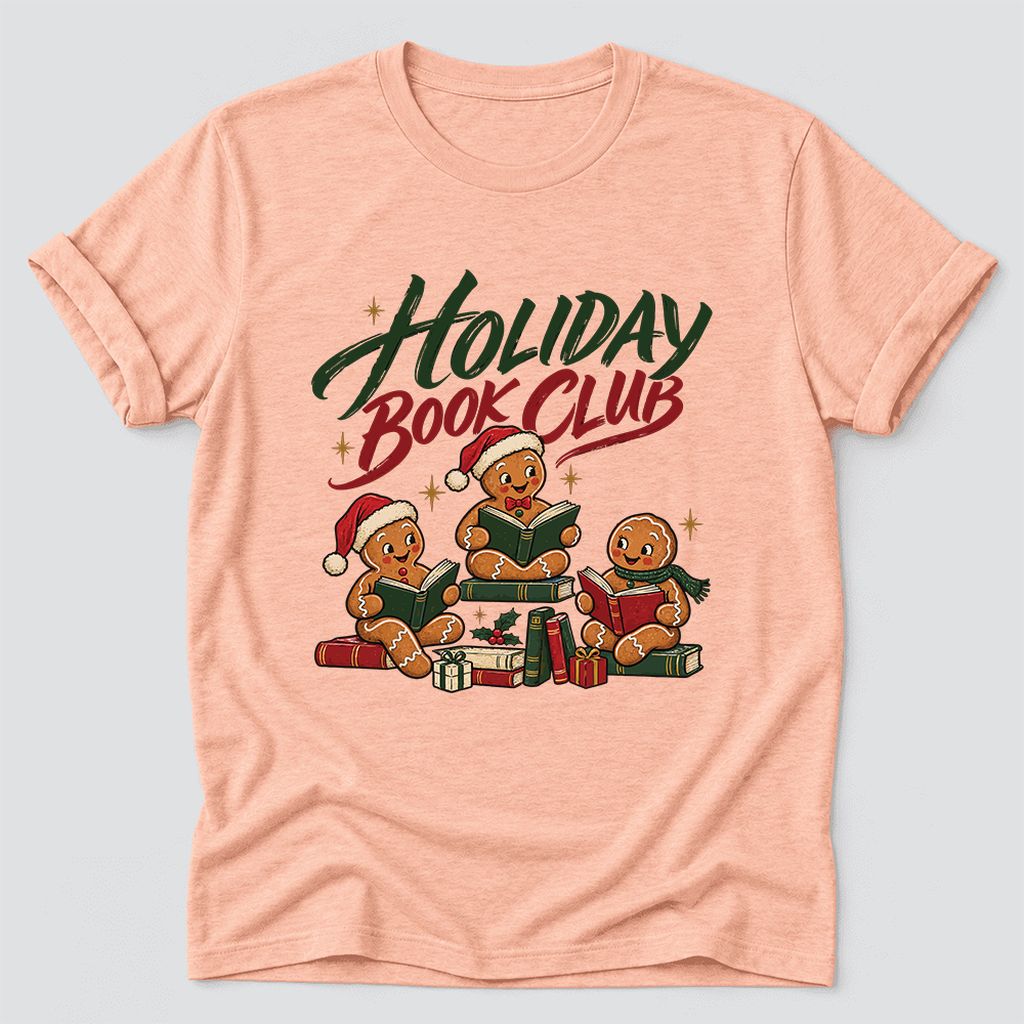 Holiday Book Club Ultra-Soft Cotton T-Shirt | Christmas Reader Gift Heather Peach
