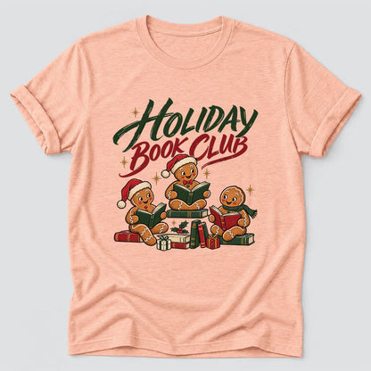 Holiday Book Club Ultra-Soft Cotton T-Shirt | Christmas Reader Gift Heather Peach