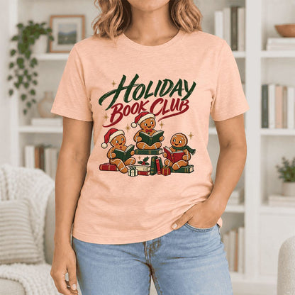 Holiday Book Club Ultra-Soft Cotton T-Shirt | Christmas Reader Gift Heather Peach