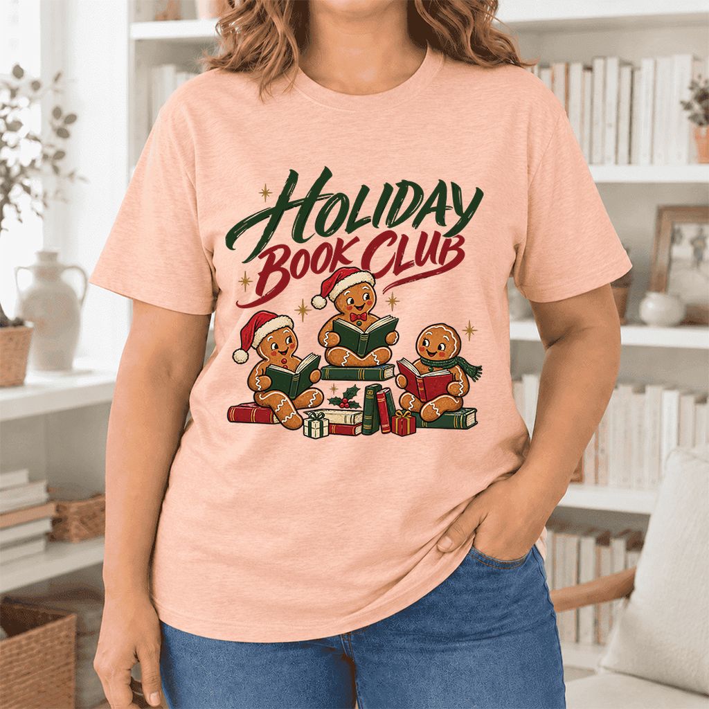 Holiday Book Club Ultra-Soft Cotton T-Shirt | Christmas Reader Gift Heather Peach