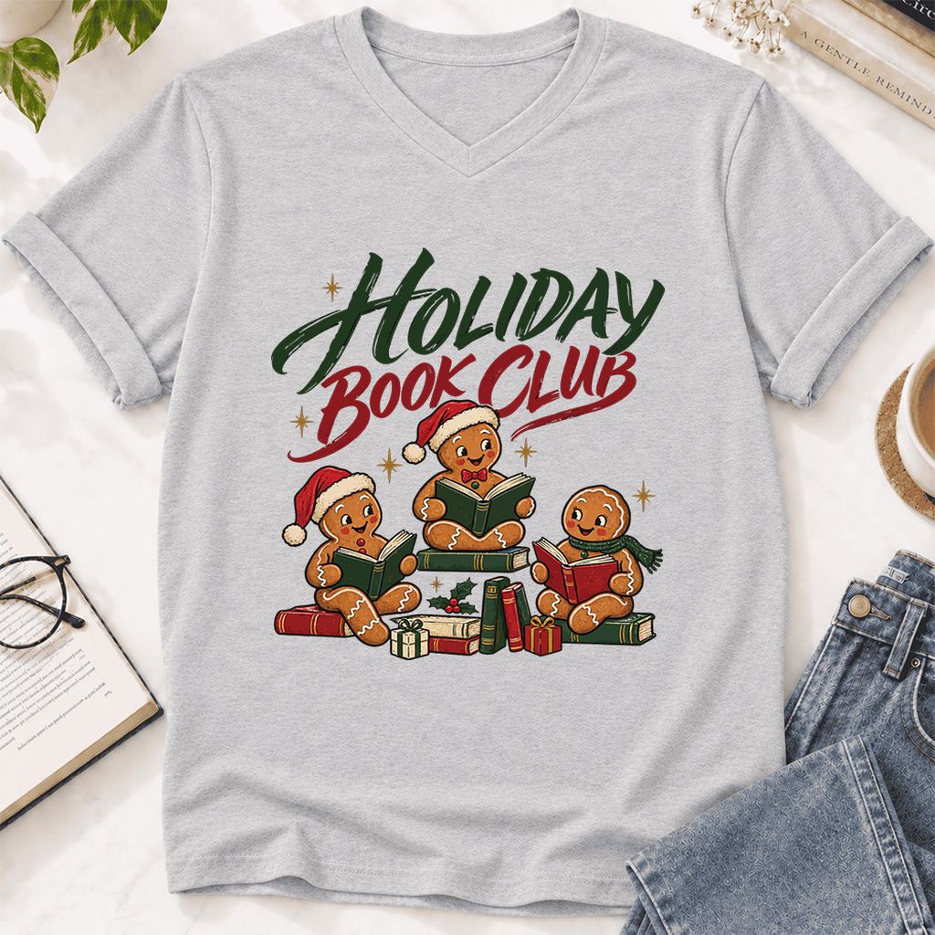 Holiday Book Club Ultra-Soft V-Neck | Christmas Reader Gift Ash