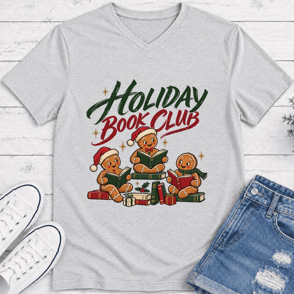 Holiday Book Club Ultra-Soft V-Neck | Christmas Reader Gift Ash