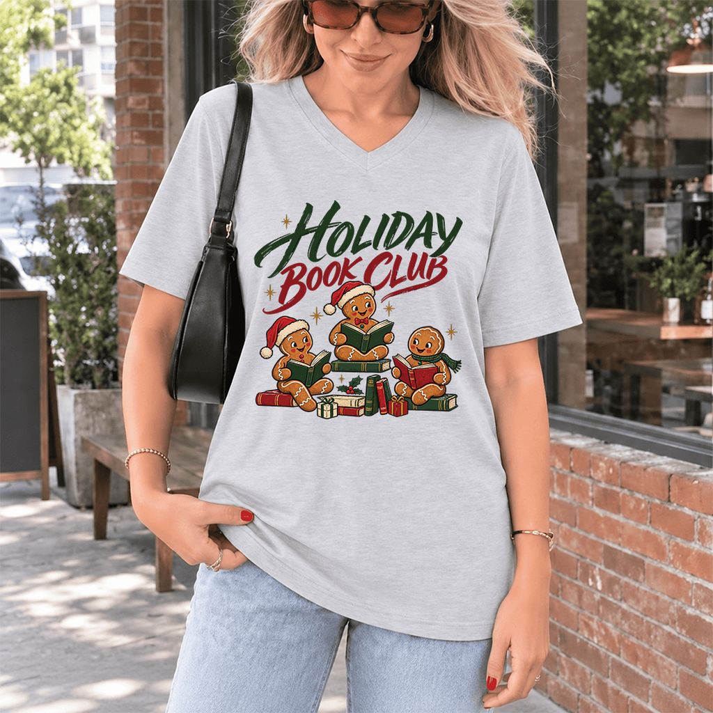 Holiday Book Club Ultra-Soft V-Neck | Christmas Reader Gift Ash