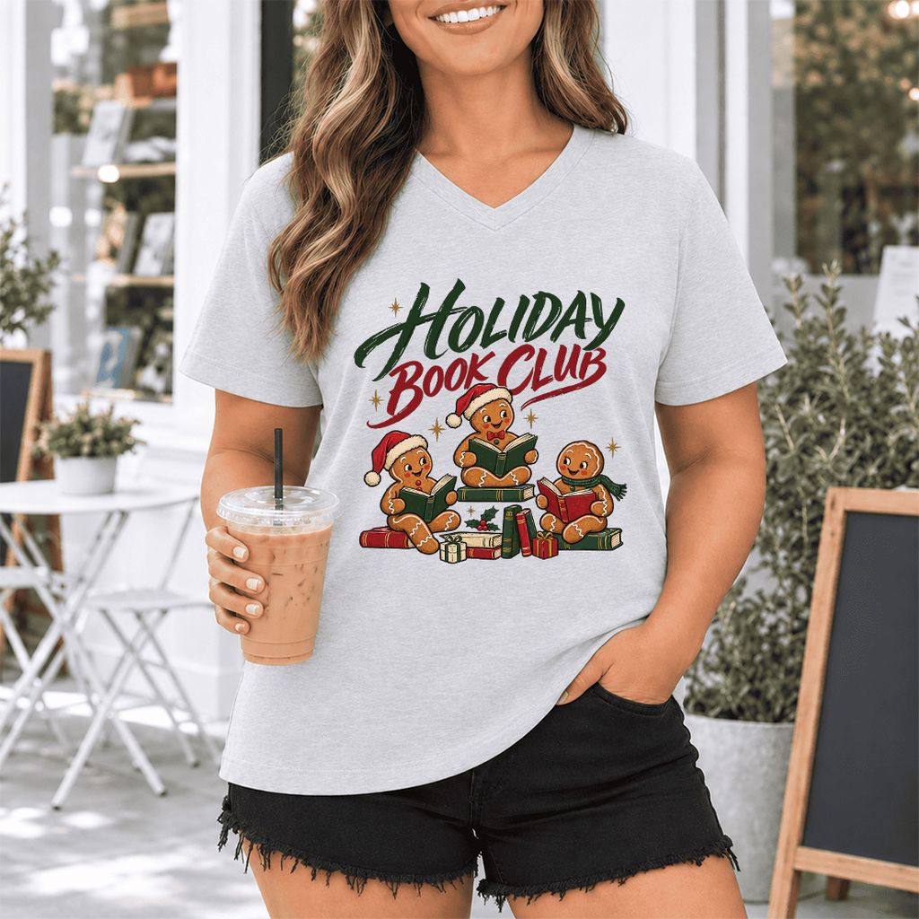 Holiday Book Club Ultra-Soft V-Neck | Christmas Reader Gift Ash