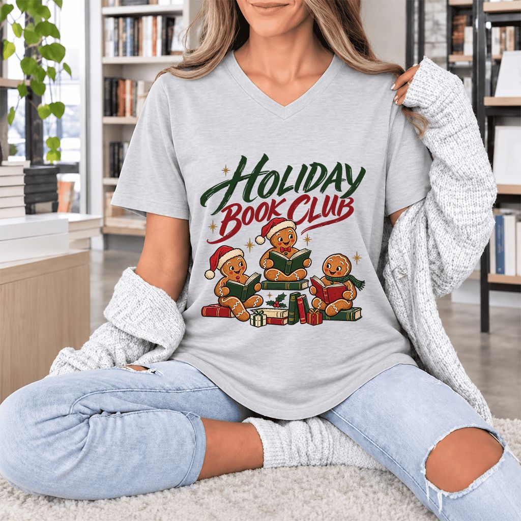 Holiday Book Club Ultra-Soft V-Neck | Christmas Reader Gift Ash