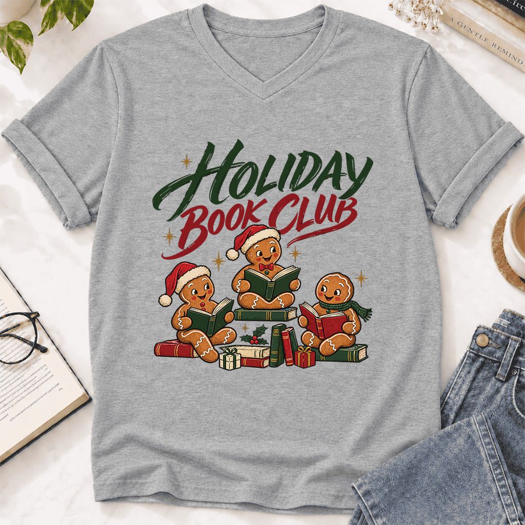Holiday Book Club Ultra-Soft V-Neck | Christmas Reader Gift Athletic Heather