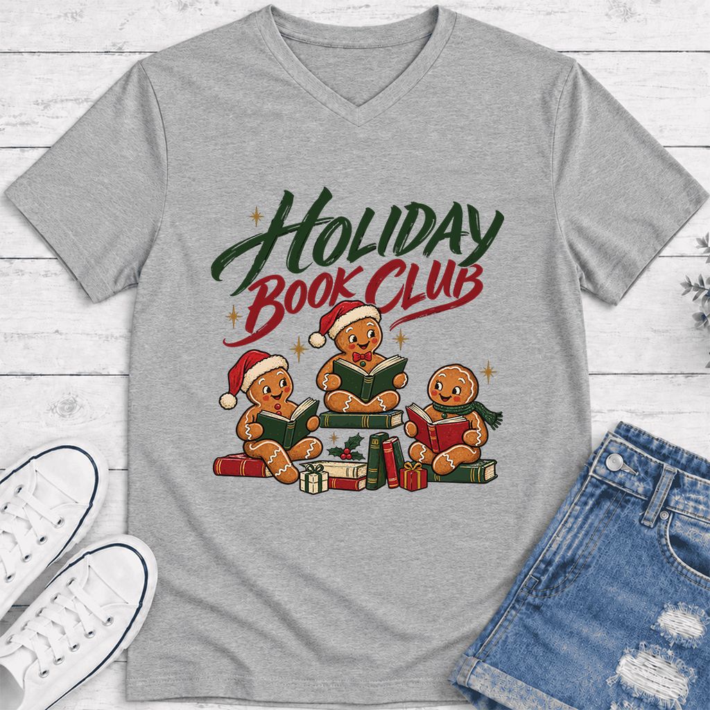 Holiday Book Club Ultra-Soft V-Neck | Christmas Reader Gift Athletic Heather