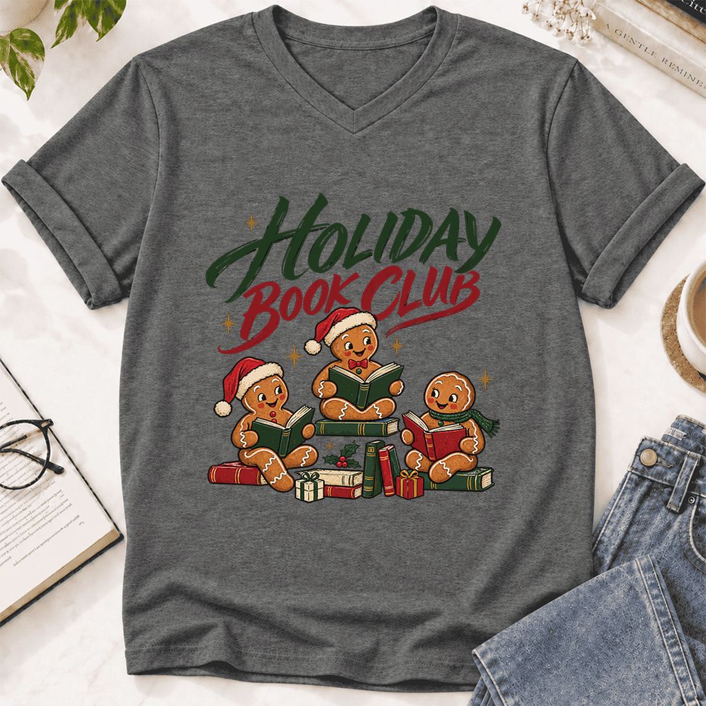 Holiday Book Club Ultra-Soft V-Neck | Christmas Reader Gift Deep Heather