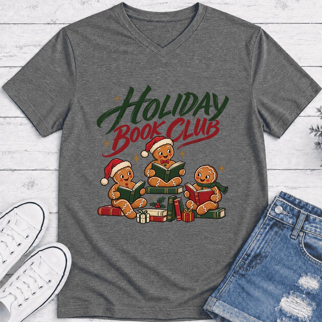 Holiday Book Club Ultra-Soft V-Neck | Christmas Reader Gift Deep Heather