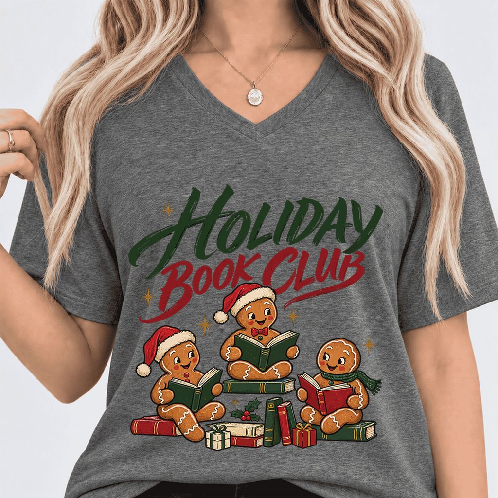Holiday Book Club Ultra-Soft V-Neck | Christmas Reader Gift Deep Heather