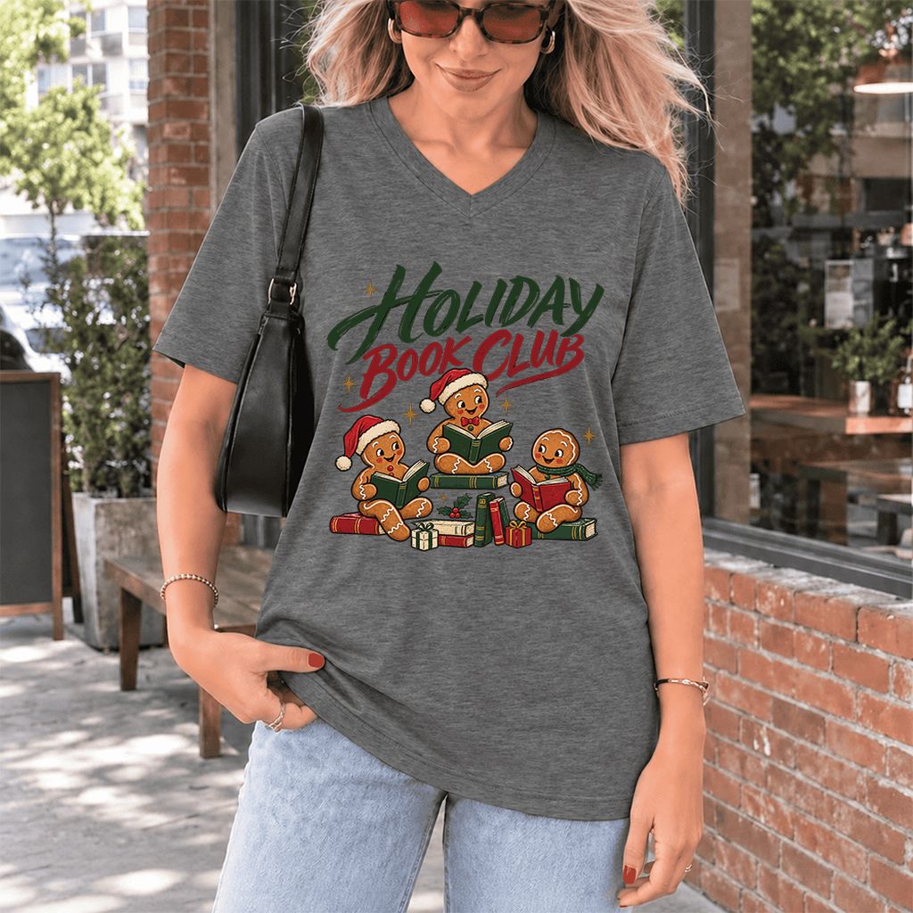 Holiday Book Club Ultra-Soft V-Neck | Christmas Reader Gift Deep Heather