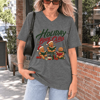 Holiday Book Club Ultra-Soft V-Neck | Christmas Reader Gift Deep Heather