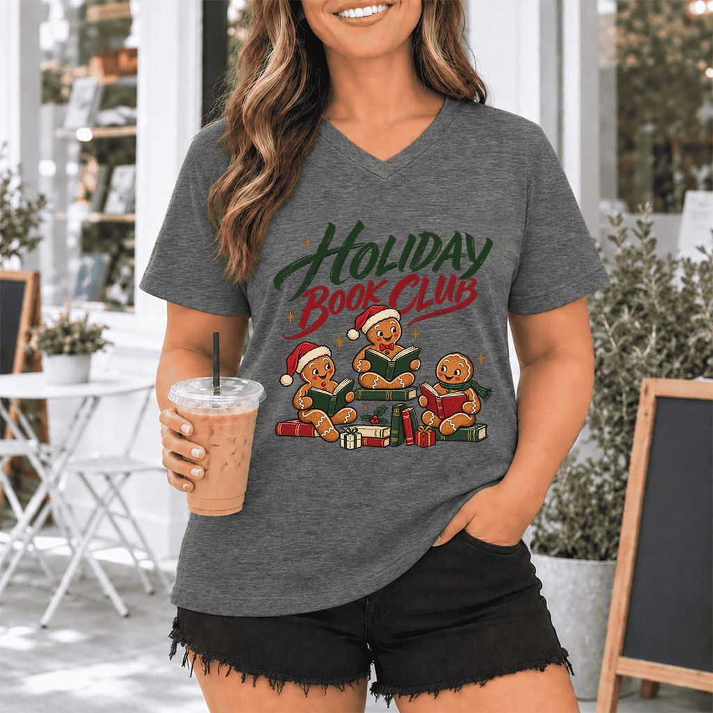 Holiday Book Club Ultra-Soft V-Neck | Christmas Reader Gift Deep Heather
