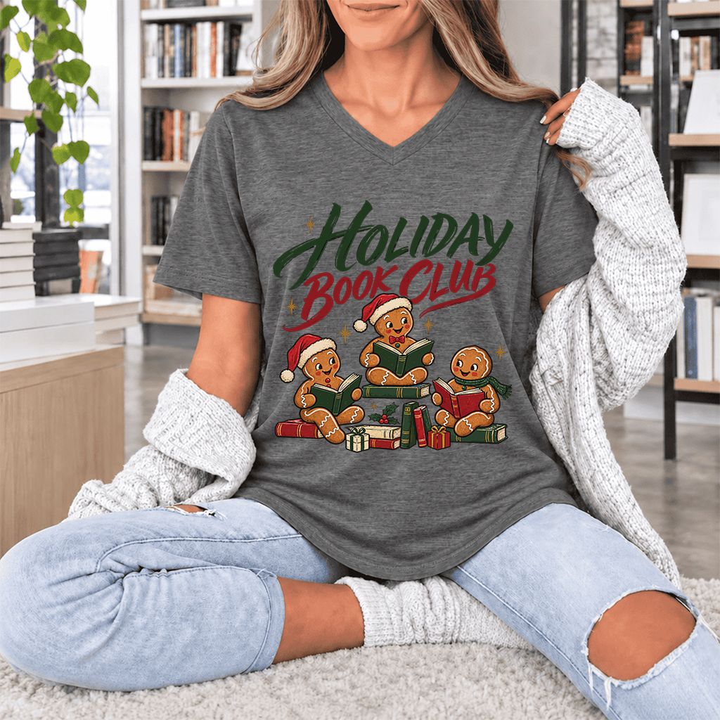 Holiday Book Club Ultra-Soft V-Neck | Christmas Reader Gift Deep Heather