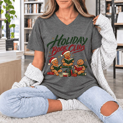 Holiday Book Club Ultra-Soft V-Neck | Christmas Reader Gift Deep Heather
