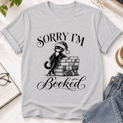 Sorry I’m Booked Ultra-Soft V-Neck | Funny Christmas Cat Lover Reader Gift Ash