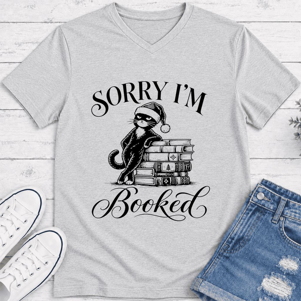 Sorry I’m Booked Ultra-Soft V-Neck | Funny Christmas Cat Lover Reader Gift Ash
