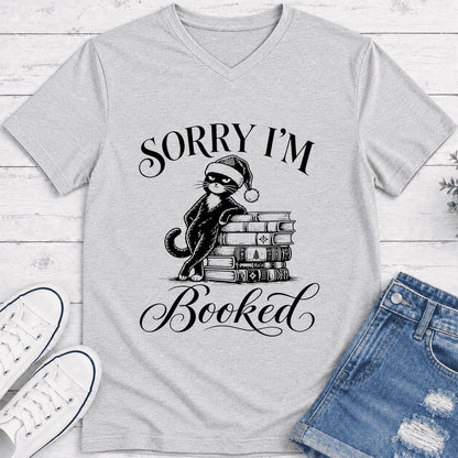 Sorry I’m Booked Ultra-Soft V-Neck | Funny Christmas Cat Lover Reader Gift Ash