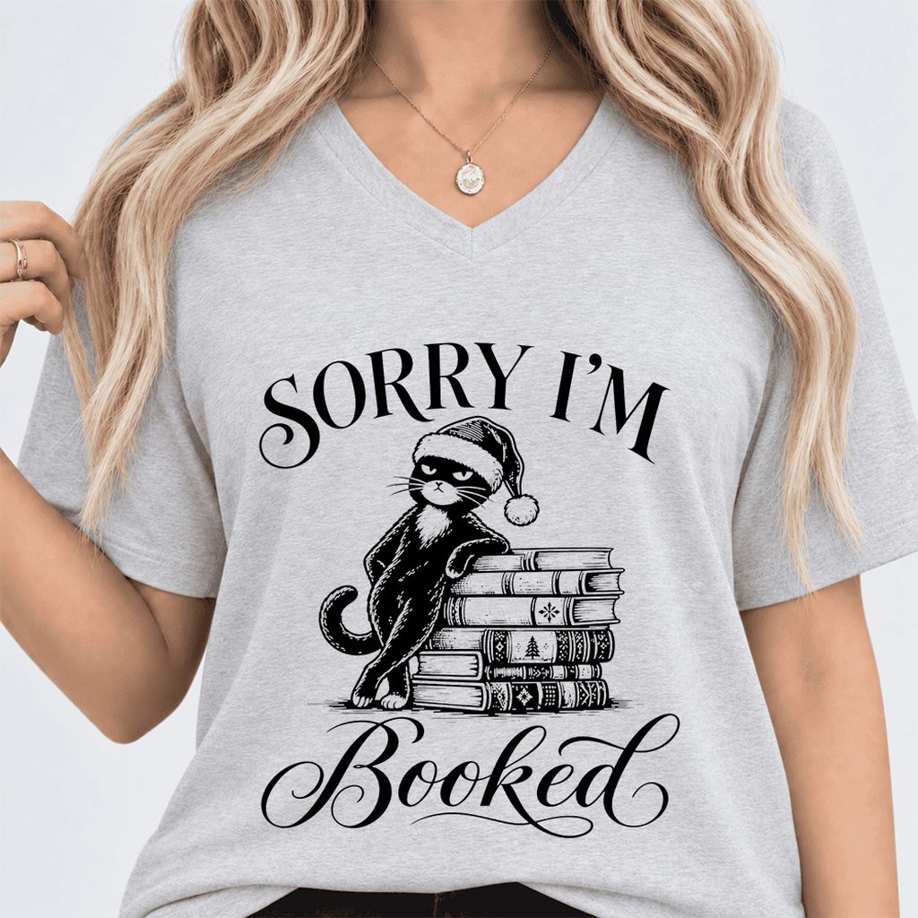 Sorry I’m Booked Ultra-Soft V-Neck | Funny Christmas Cat Lover Reader Gift Ash