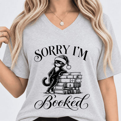 Sorry I’m Booked Ultra-Soft V-Neck | Funny Christmas Cat Lover Reader Gift Ash