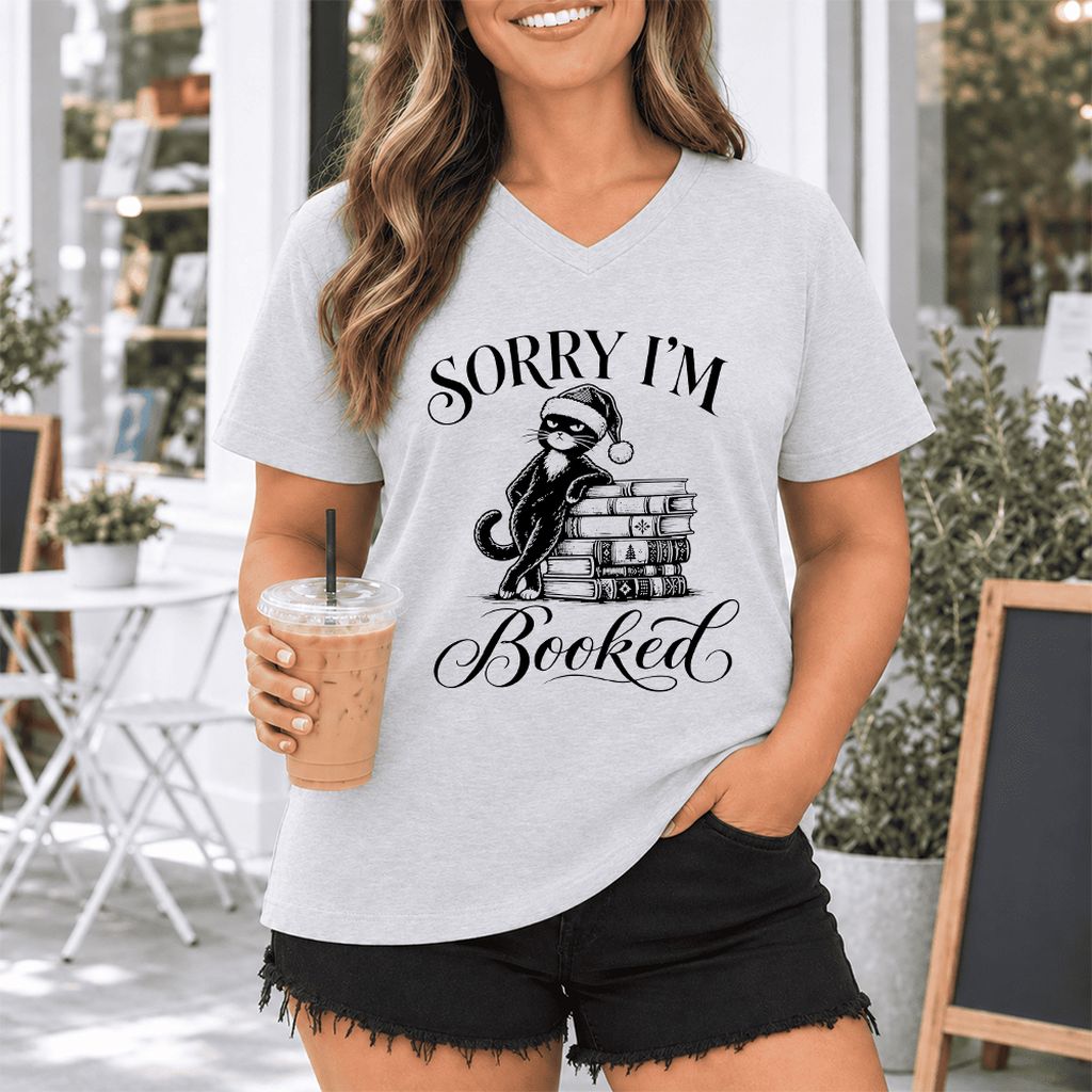 Sorry I’m Booked Ultra-Soft V-Neck | Funny Christmas Cat Lover Reader Gift Ash