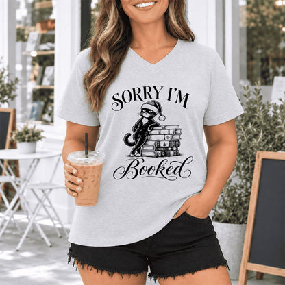 Sorry I’m Booked Ultra-Soft V-Neck | Funny Christmas Cat Lover Reader Gift Ash
