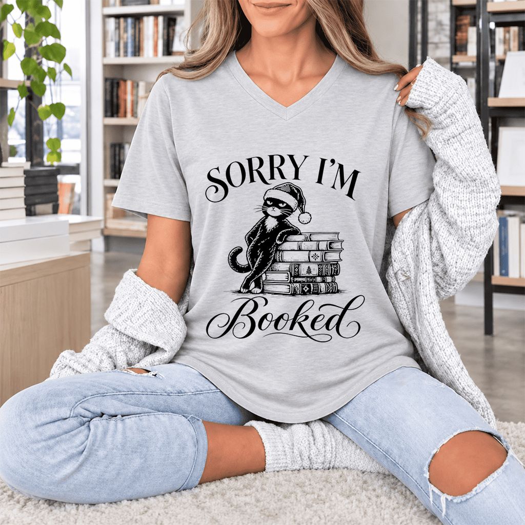 Sorry I’m Booked Ultra-Soft V-Neck | Funny Christmas Cat Lover Reader Gift Ash