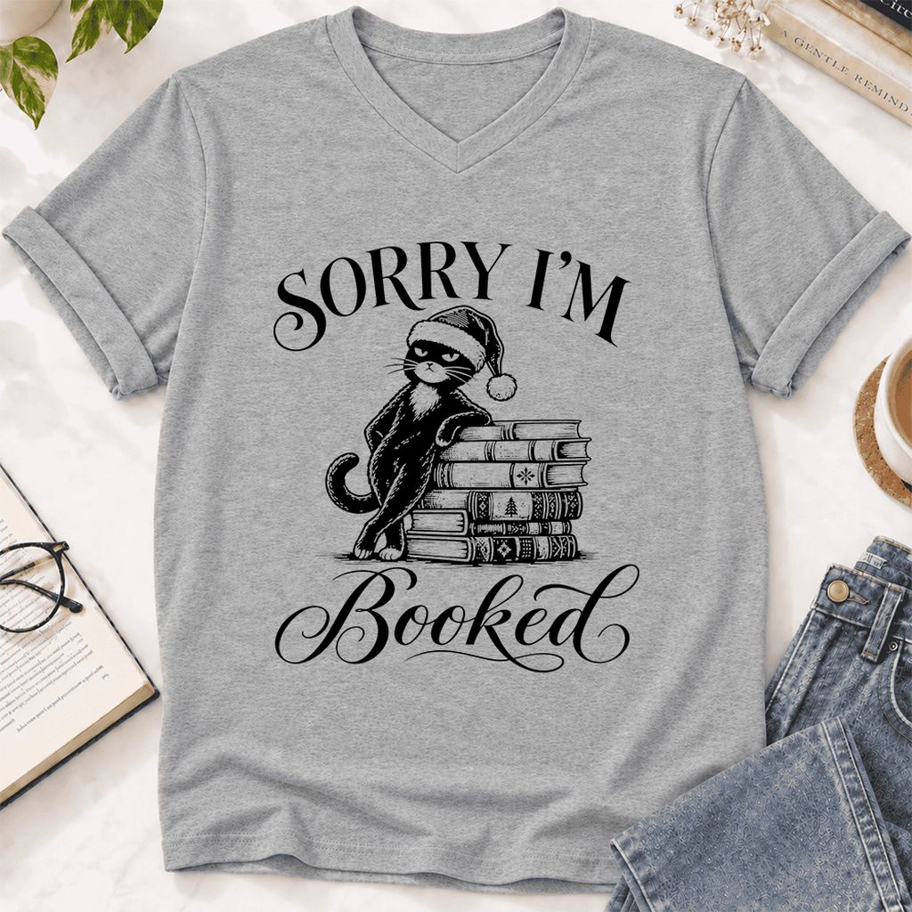 Sorry I’m Booked Ultra-Soft V-Neck | Funny Christmas Cat Lover Reader Gift Athletic Heather