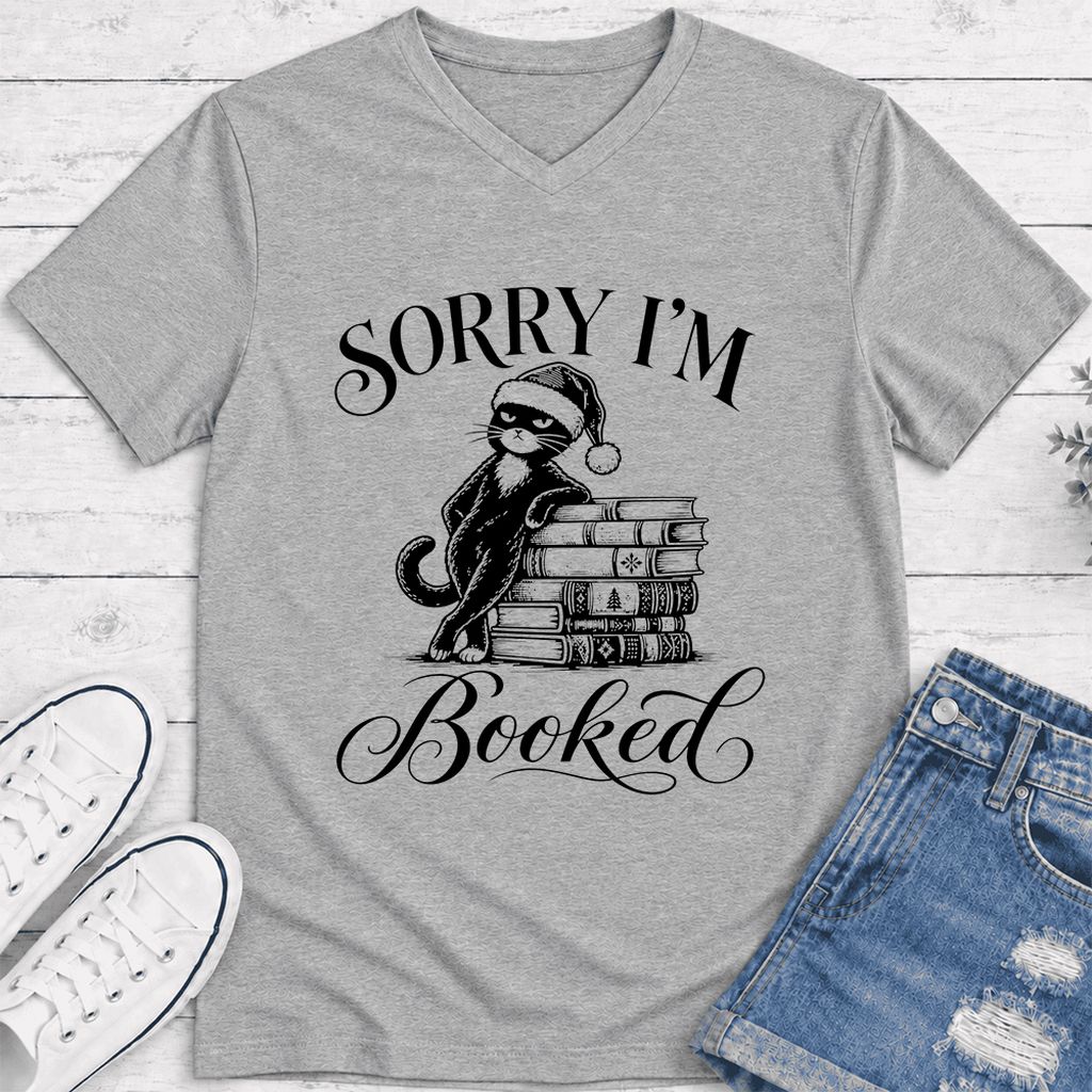 Sorry I’m Booked Ultra-Soft V-Neck | Funny Christmas Cat Lover Reader Gift Athletic Heather