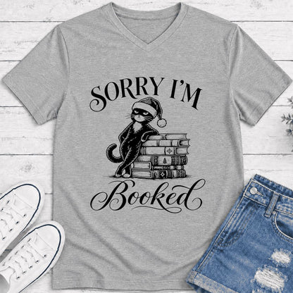 Sorry I’m Booked Ultra-Soft V-Neck | Funny Christmas Cat Lover Reader Gift Athletic Heather