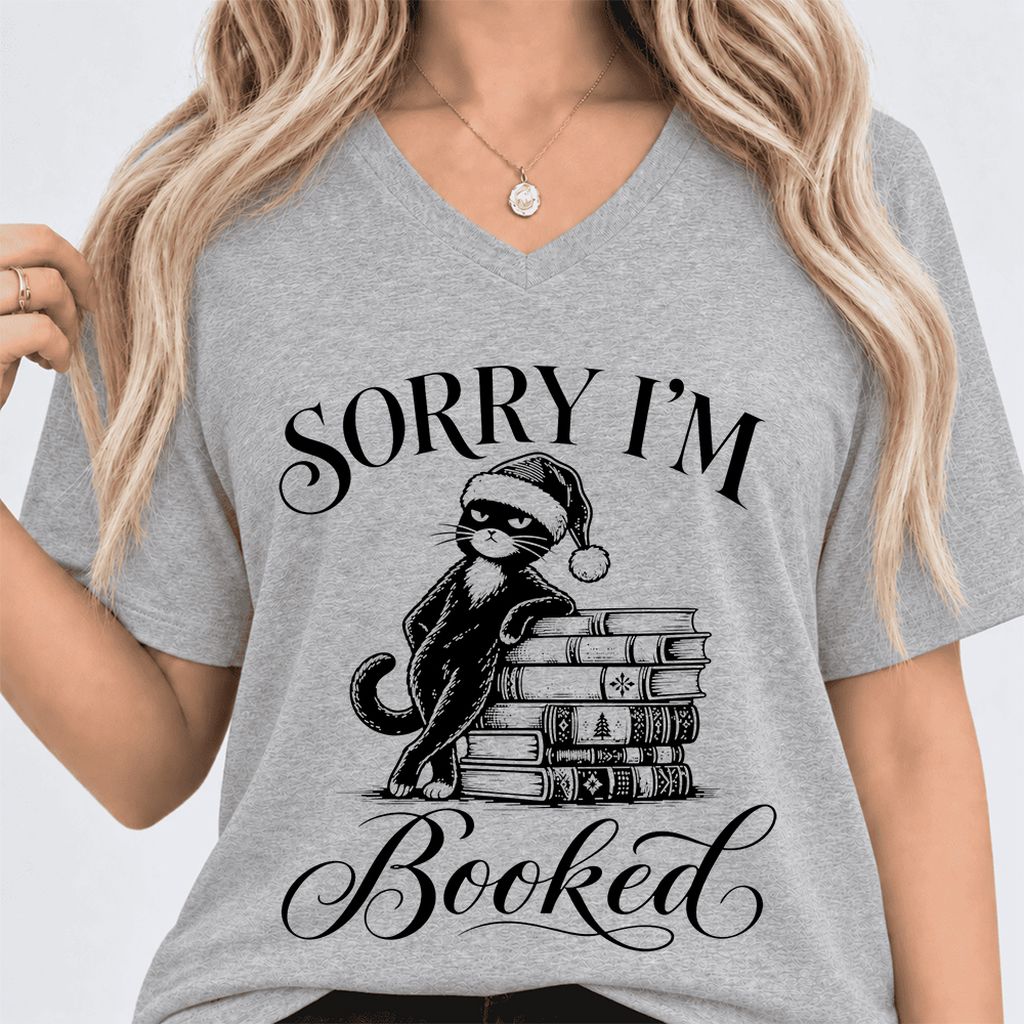 Sorry I’m Booked Ultra-Soft V-Neck | Funny Christmas Cat Lover Reader Gift Athletic Heather