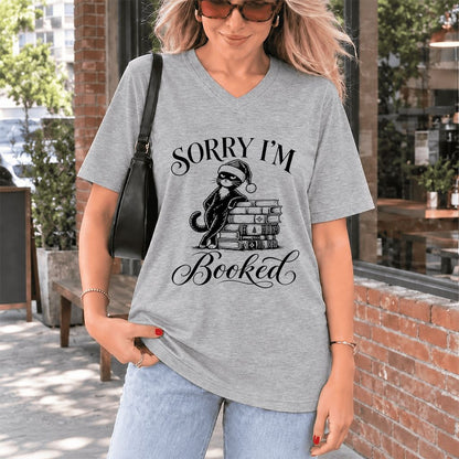 Sorry I’m Booked Ultra-Soft V-Neck | Funny Christmas Cat Lover Reader Gift Athletic Heather