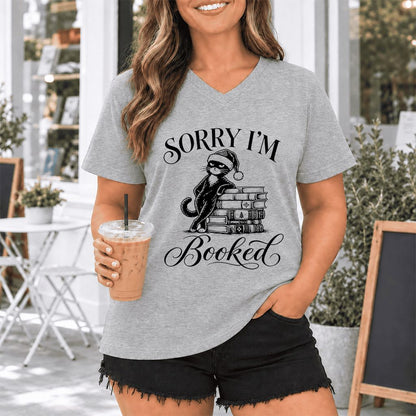 Sorry I’m Booked Ultra-Soft V-Neck | Funny Christmas Cat Lover Reader Gift Athletic Heather