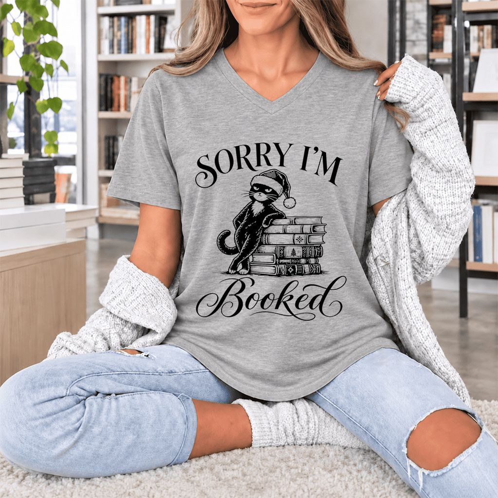 Sorry I’m Booked Ultra-Soft V-Neck | Funny Christmas Cat Lover Reader Gift Athletic Heather